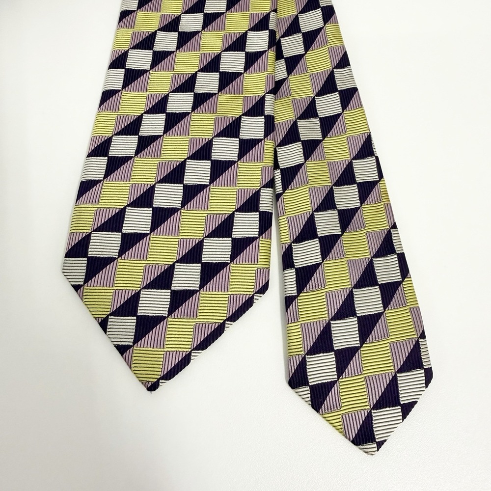 Drake's Michael Drake Men's Tie Geometric Checks Yellow/Purple Silk 3.25" x 59"